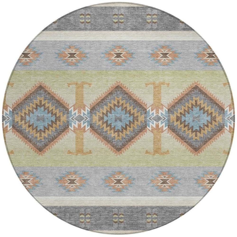 8' Gray And Green Round Southwestern Washable Indoor Outdoor Area Rug HomeRoots