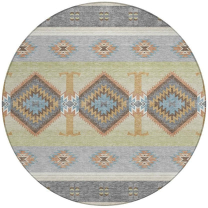 8' Gray And Green Round Southwestern Washable Indoor Outdoor Area Rug HomeRoots