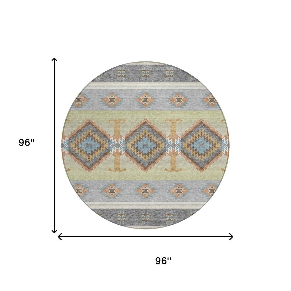 8' Gray And Green Round Southwestern Washable Indoor Outdoor Area Rug HomeRoots