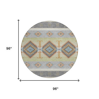 8' Gray And Green Round Southwestern Washable Indoor Outdoor Area Rug HomeRoots