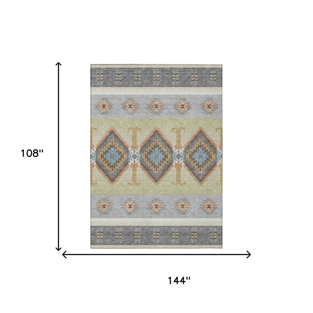 9' X 12' Gray And Green Southwestern Washable Indoor Outdoor Area Rug HomeRoots