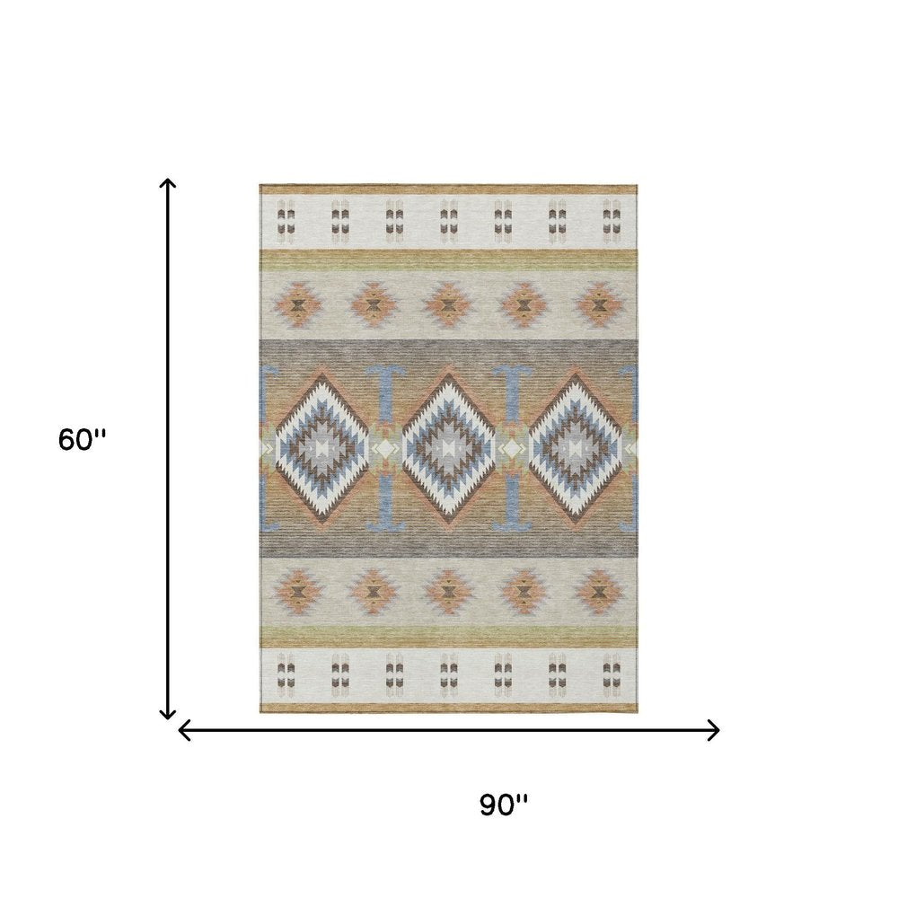 5' X 8' Ivory And Beige Southwestern Washable Indoor Outdoor Area Rug HomeRoots