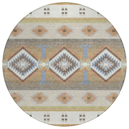 8' Ivory And Beige Round Southwestern Washable Indoor Outdoor Area Rug HomeRoots