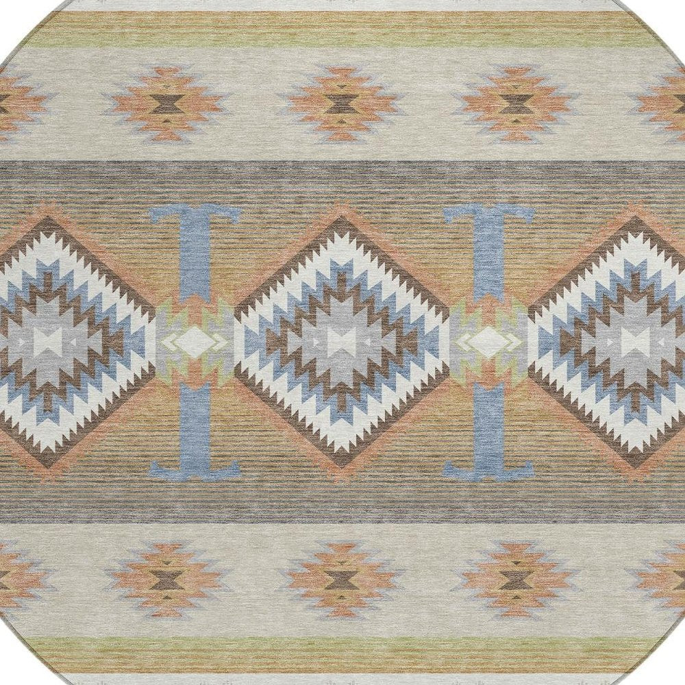 8' Ivory And Beige Round Southwestern Washable Indoor Outdoor Area Rug HomeRoots