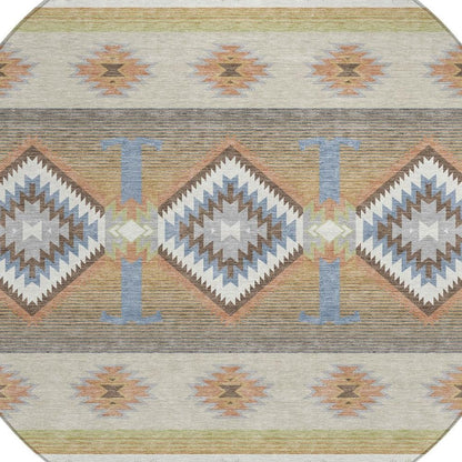 8' Ivory And Beige Round Southwestern Washable Indoor Outdoor Area Rug HomeRoots