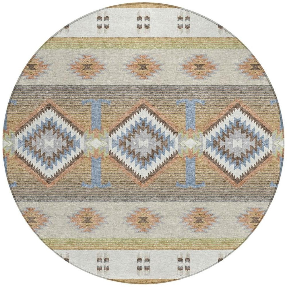 8' Ivory And Beige Round Southwestern Washable Indoor Outdoor Area Rug HomeRoots