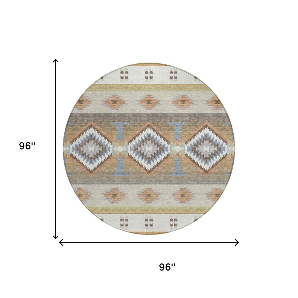 8' Ivory And Beige Round Southwestern Washable Indoor Outdoor Area Rug HomeRoots