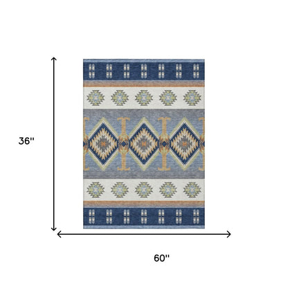 3' X 5' Navy Blue And Green Southwestern Washable Indoor Outdoor Area Rug HomeRoots