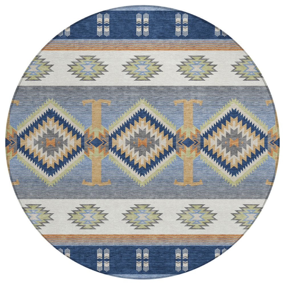 8' Navy Blue And Green Round Southwestern Washable Indoor Outdoor Area Rug HomeRoots
