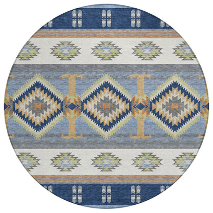 8' Navy Blue And Green Round Southwestern Washable Indoor Outdoor Area Rug HomeRoots
