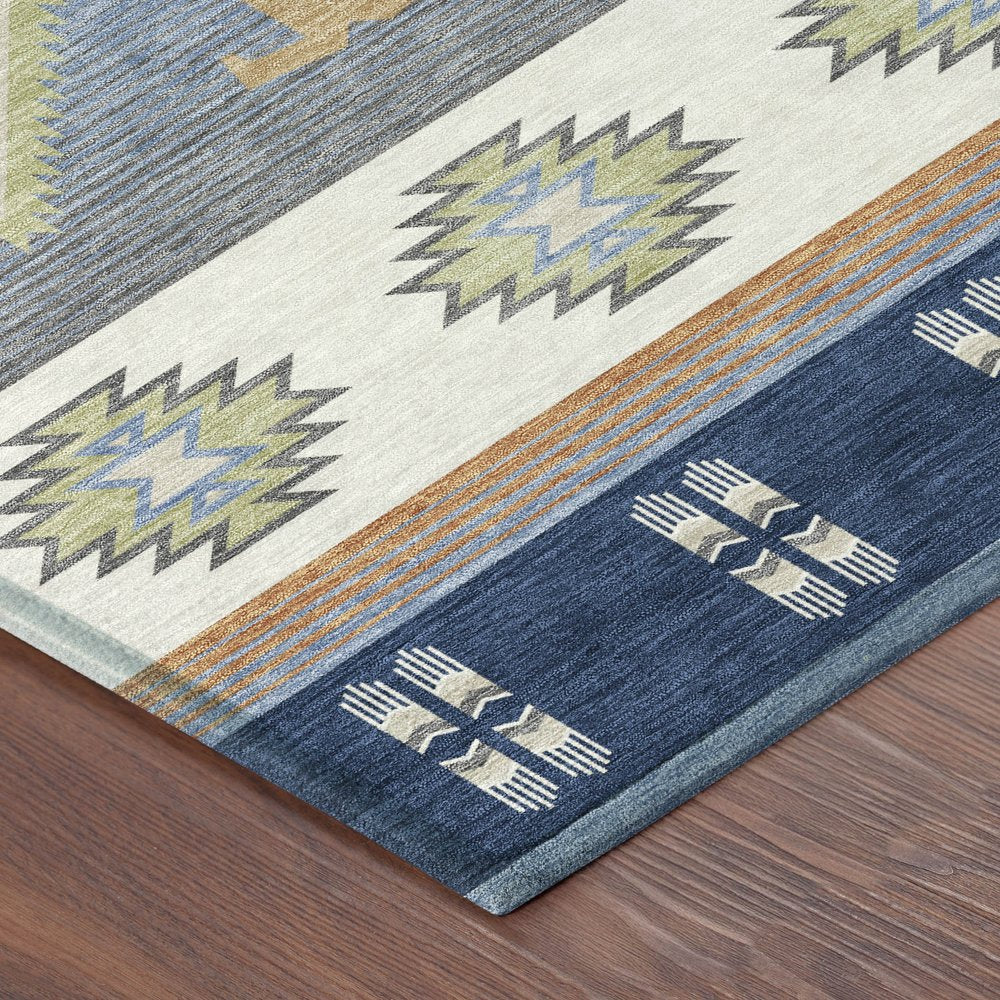 8' Navy Blue And Green Round Southwestern Washable Indoor Outdoor Area Rug HomeRoots