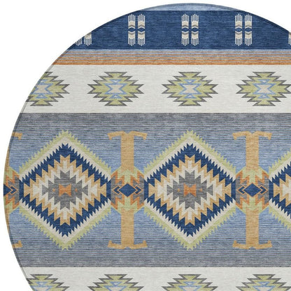 8' Navy Blue And Green Round Southwestern Washable Indoor Outdoor Area Rug HomeRoots