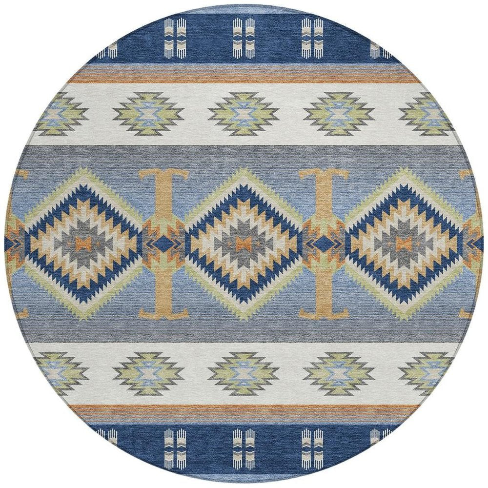 8' Navy Blue And Green Round Southwestern Washable Indoor Outdoor Area Rug HomeRoots