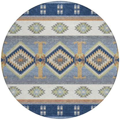 8' Navy Blue And Green Round Southwestern Washable Indoor Outdoor Area Rug HomeRoots