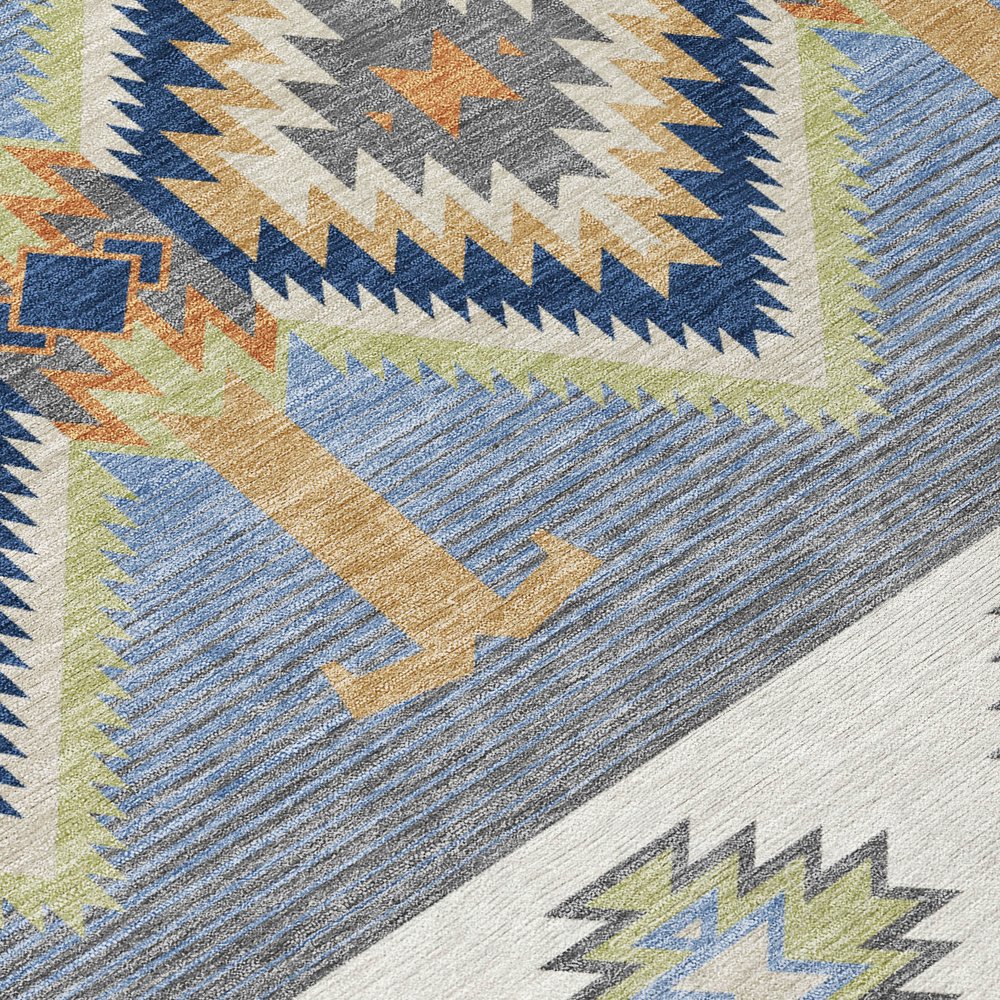 8' Navy Blue And Green Round Southwestern Washable Indoor Outdoor Area Rug HomeRoots
