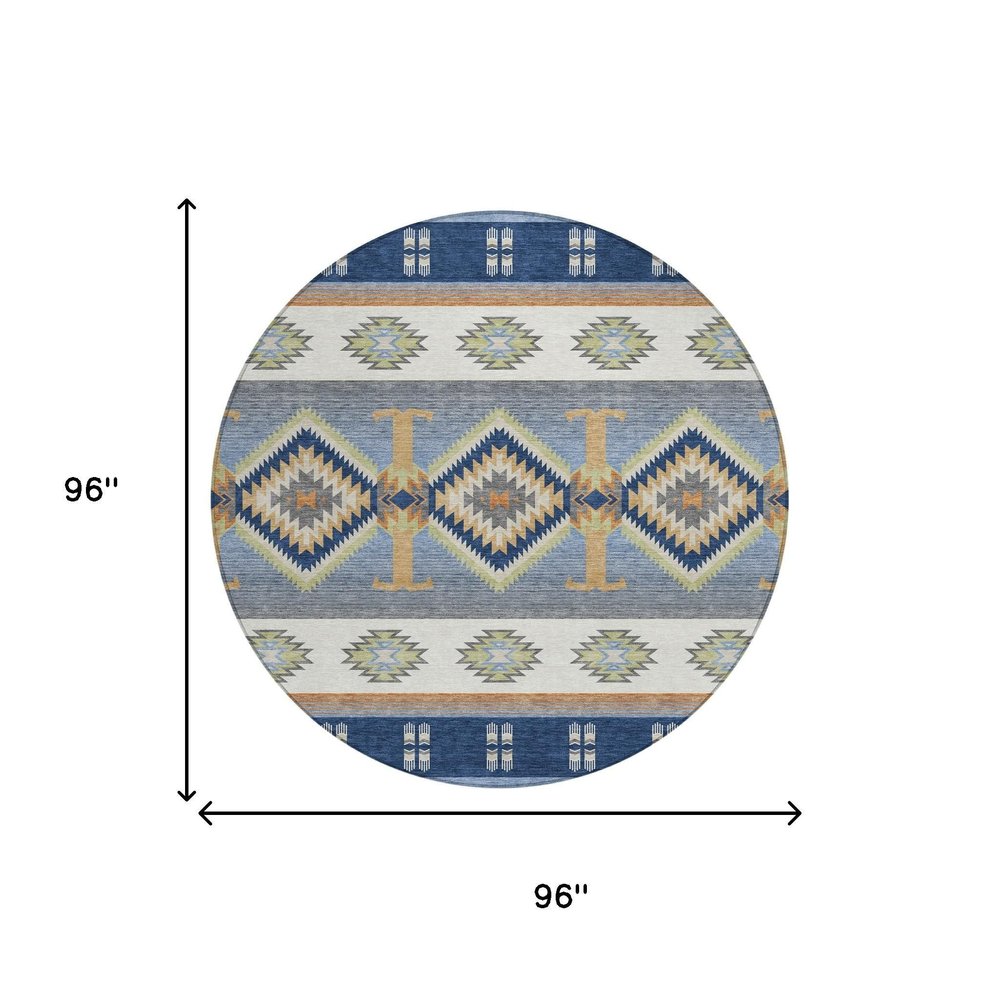 8' Navy Blue And Green Round Southwestern Washable Indoor Outdoor Area Rug HomeRoots