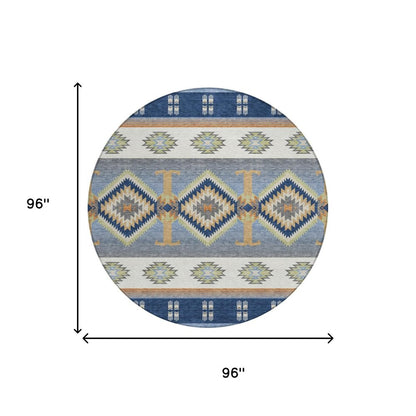 8' Navy Blue And Green Round Southwestern Washable Indoor Outdoor Area Rug HomeRoots