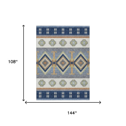 9' X 12' Navy Blue And Green Southwestern Washable Indoor Outdoor Area Rug HomeRoots