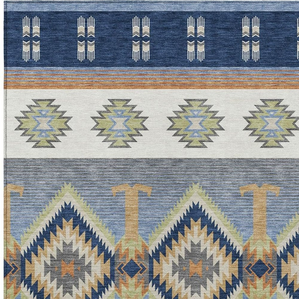 9' X 12' Navy Blue And Green Southwestern Washable Indoor Outdoor Area Rug HomeRoots