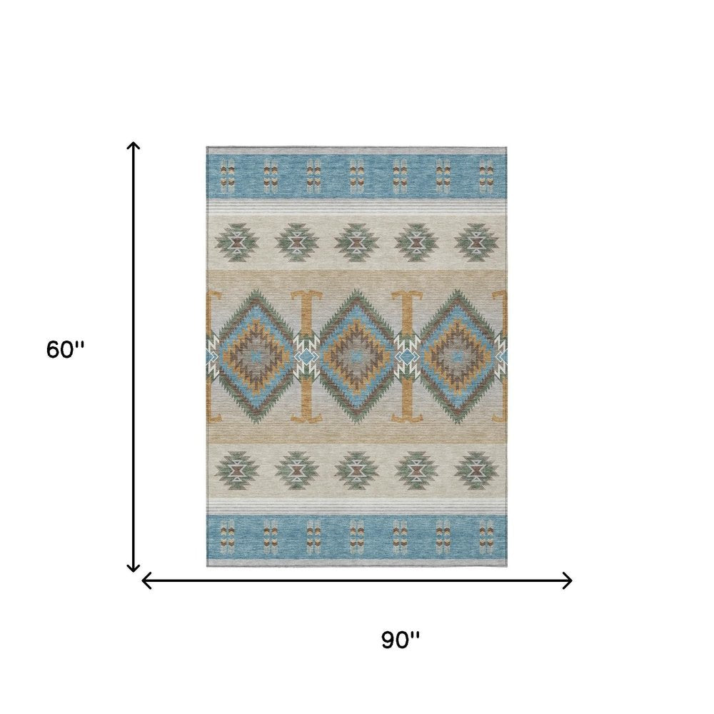 5' X 8' Teal Blue And Beige Southwestern Washable Indoor Outdoor Area Rug HomeRoots