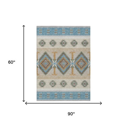 5' X 8' Teal Blue And Beige Southwestern Washable Indoor Outdoor Area Rug HomeRoots