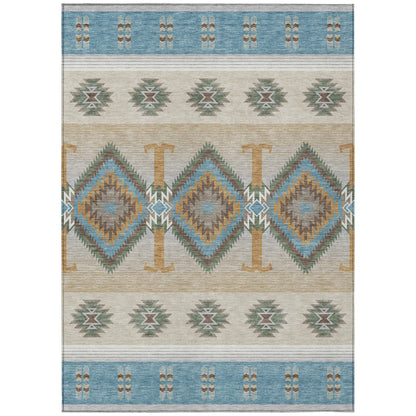 5' X 8' Teal Blue And Beige Southwestern Washable Indoor Outdoor Area Rug HomeRoots