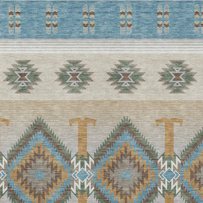5' X 8' Teal Blue And Beige Southwestern Washable Indoor Outdoor Area Rug HomeRoots