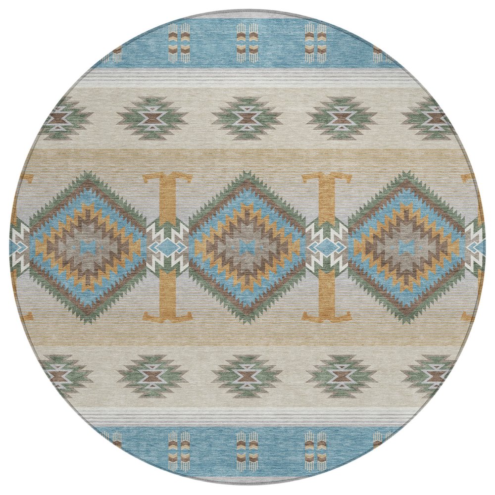 8' Teal Blue And Beige Round Southwestern Washable Indoor Outdoor Area Rug HomeRoots