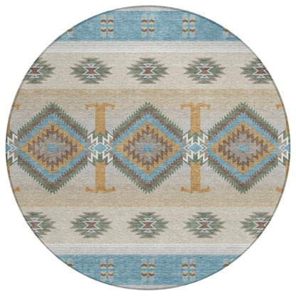 8' Teal Blue And Beige Round Southwestern Washable Indoor Outdoor Area Rug HomeRoots