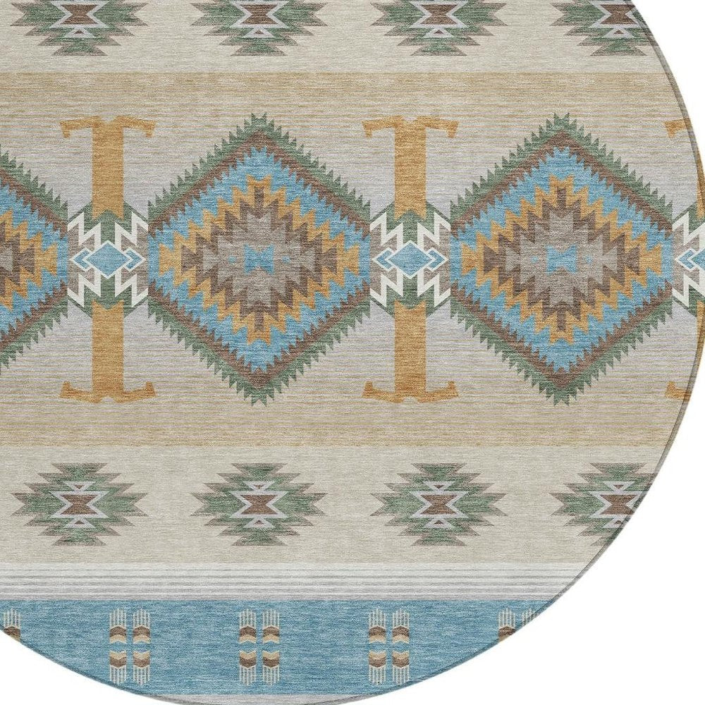 8' Teal Blue And Beige Round Southwestern Washable Indoor Outdoor Area Rug HomeRoots