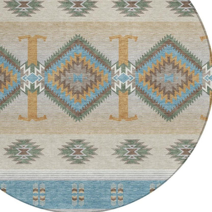 8' Teal Blue And Beige Round Southwestern Washable Indoor Outdoor Area Rug HomeRoots