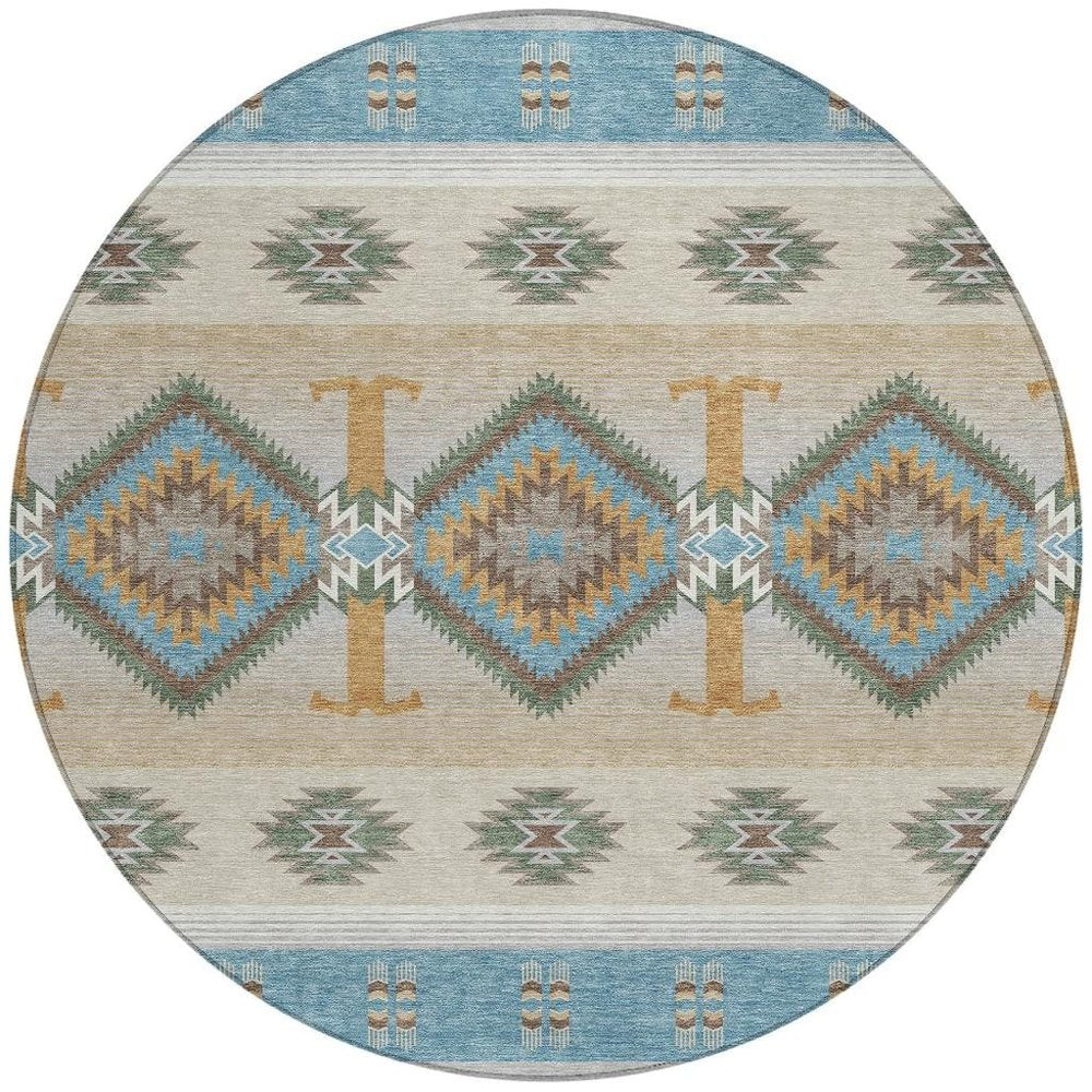 8' Teal Blue And Beige Round Southwestern Washable Indoor Outdoor Area Rug HomeRoots