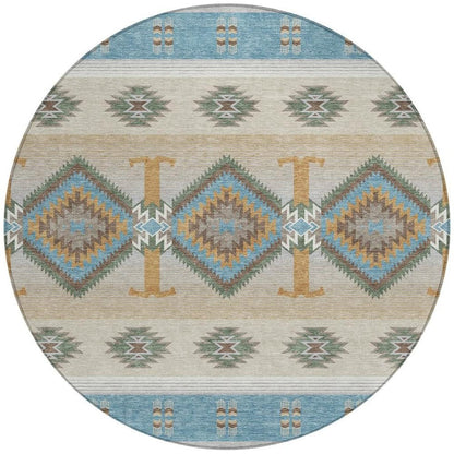 8' Teal Blue And Beige Round Southwestern Washable Indoor Outdoor Area Rug HomeRoots
