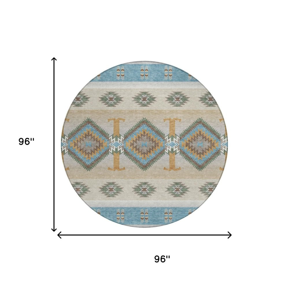8' Teal Blue And Beige Round Southwestern Washable Indoor Outdoor Area Rug HomeRoots