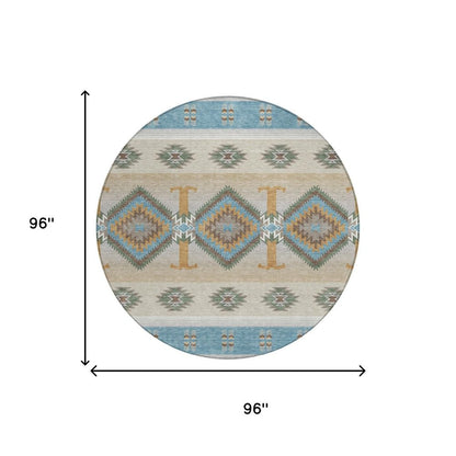 8' Teal Blue And Beige Round Southwestern Washable Indoor Outdoor Area Rug HomeRoots