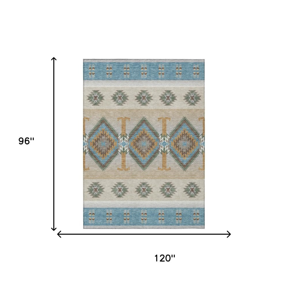 8' X 10' Teal Blue And Beige Southwestern Washable Indoor Outdoor Area Rug HomeRoots