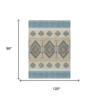 8' X 10' Teal Blue And Beige Southwestern Washable Indoor Outdoor Area Rug HomeRoots