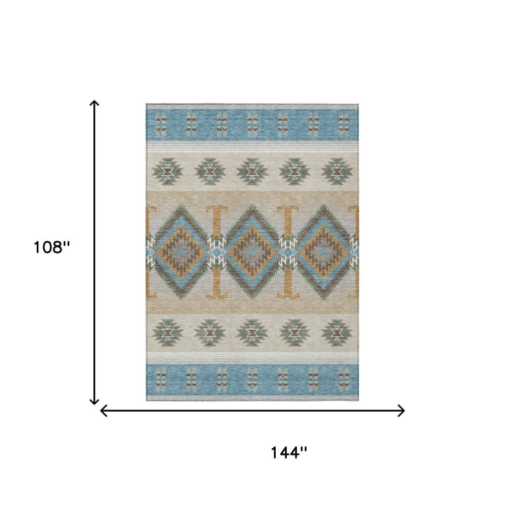 9' X 12' Teal Blue And Beige Southwestern Washable Indoor Outdoor Area Rug HomeRoots