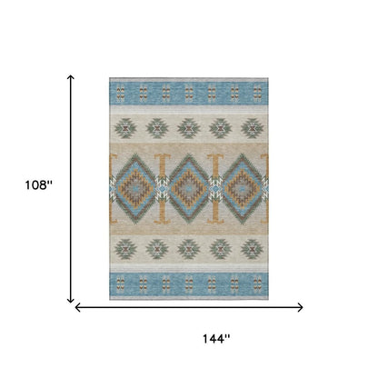 9' X 12' Teal Blue And Beige Southwestern Washable Indoor Outdoor Area Rug HomeRoots