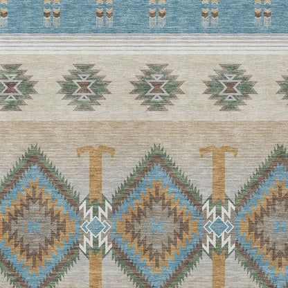9' X 12' Teal Blue And Beige Southwestern Washable Indoor Outdoor Area Rug HomeRoots