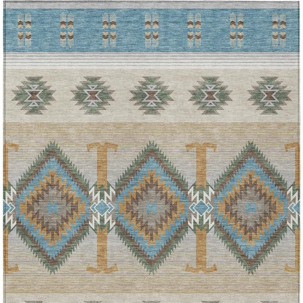 9' X 12' Teal Blue And Beige Southwestern Washable Indoor Outdoor Area Rug HomeRoots