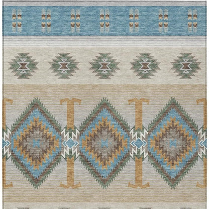 9' X 12' Teal Blue And Beige Southwestern Washable Indoor Outdoor Area Rug HomeRoots