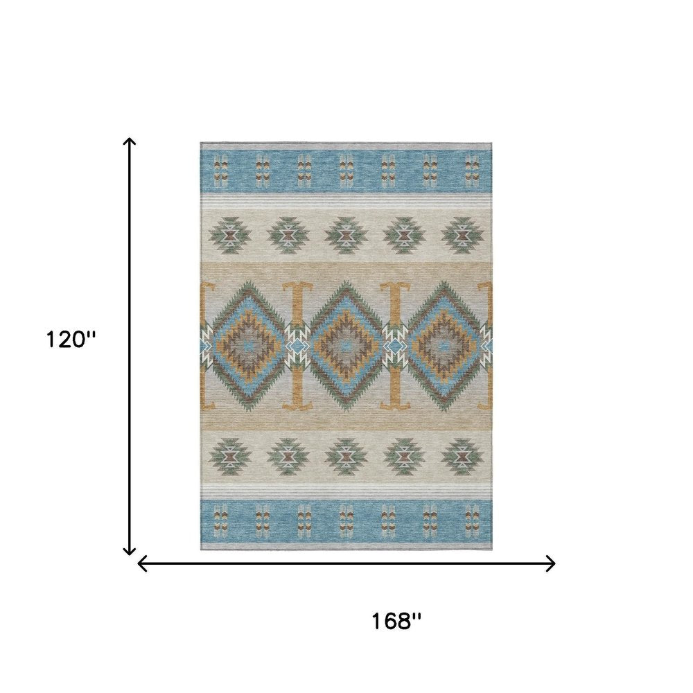 10' X 14' Teal Blue And Beige Southwestern Washable Indoor Outdoor Area Rug HomeRoots
