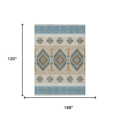 10' X 14' Teal Blue And Beige Southwestern Washable Indoor Outdoor Area Rug HomeRoots
