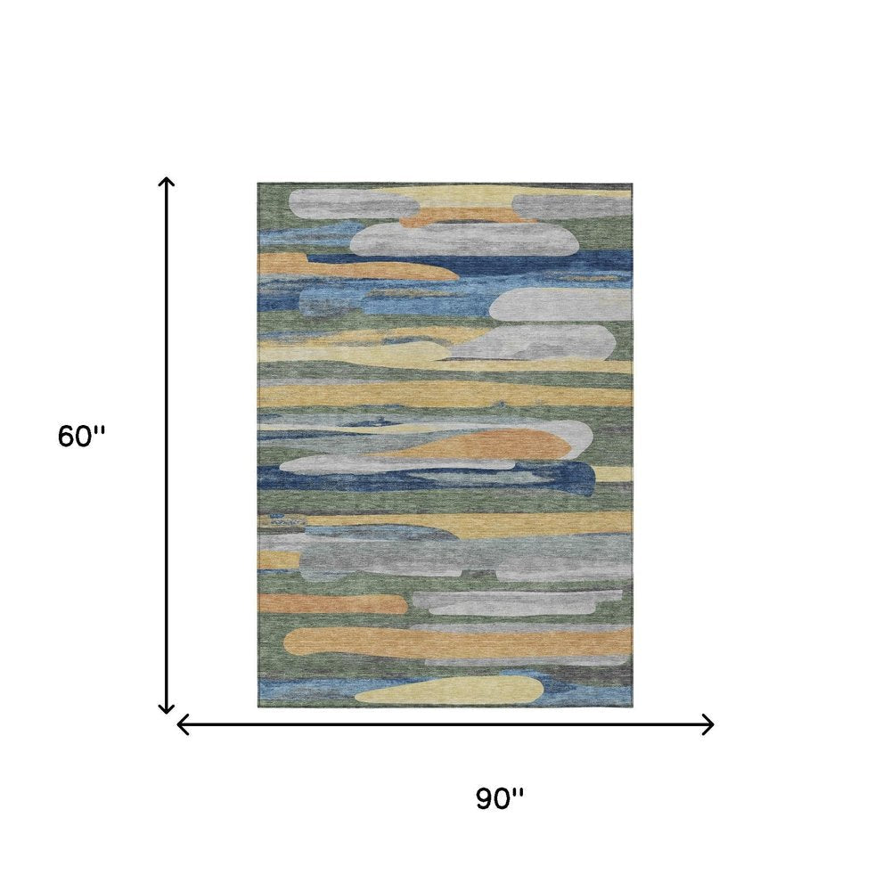 5' X 8' Green And Gold Abstract Washable Indoor Outdoor Area Rug HomeRoots