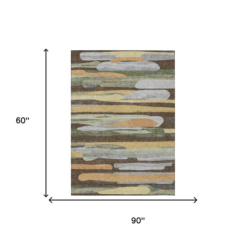 5' X 8' Chocolate And Green Abstract Washable Indoor Outdoor Area Rug HomeRoots