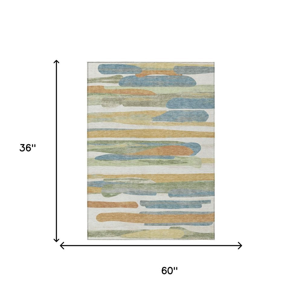 3' X 5' Ivory And Blue Abstract Washable Indoor Outdoor Area Rug HomeRoots