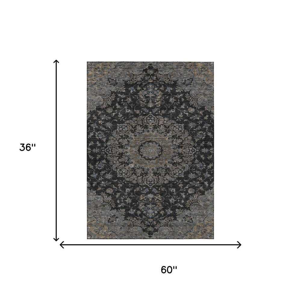 3' X 5' Black And Charcoal Floral Medallion Washable Indoor Outdoor Area Rug HomeRoots