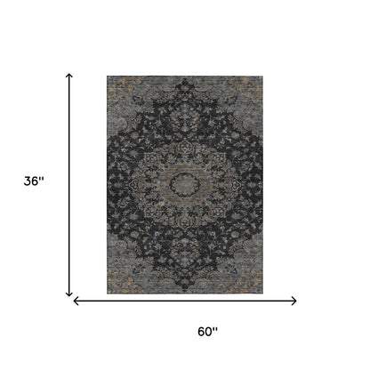 3' X 5' Black And Charcoal Floral Medallion Washable Indoor Outdoor Area Rug HomeRoots