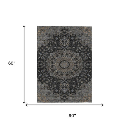 5' X 8' Black And Charcoal Floral Medallion Washable Indoor Outdoor Area Rug HomeRoots